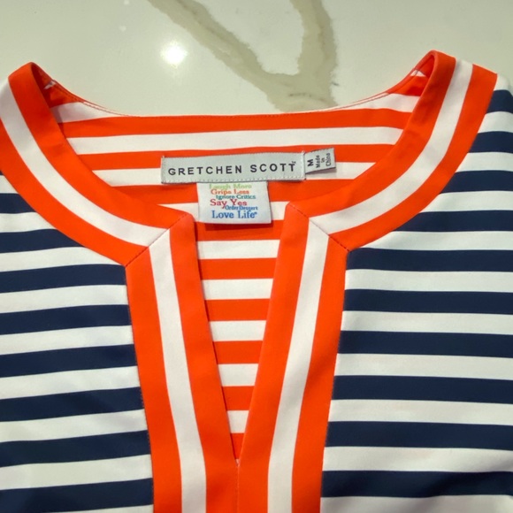 Gretchen Scott split neck navy blue & white striped Everywhere dress size Medium - Picture 8 of 10